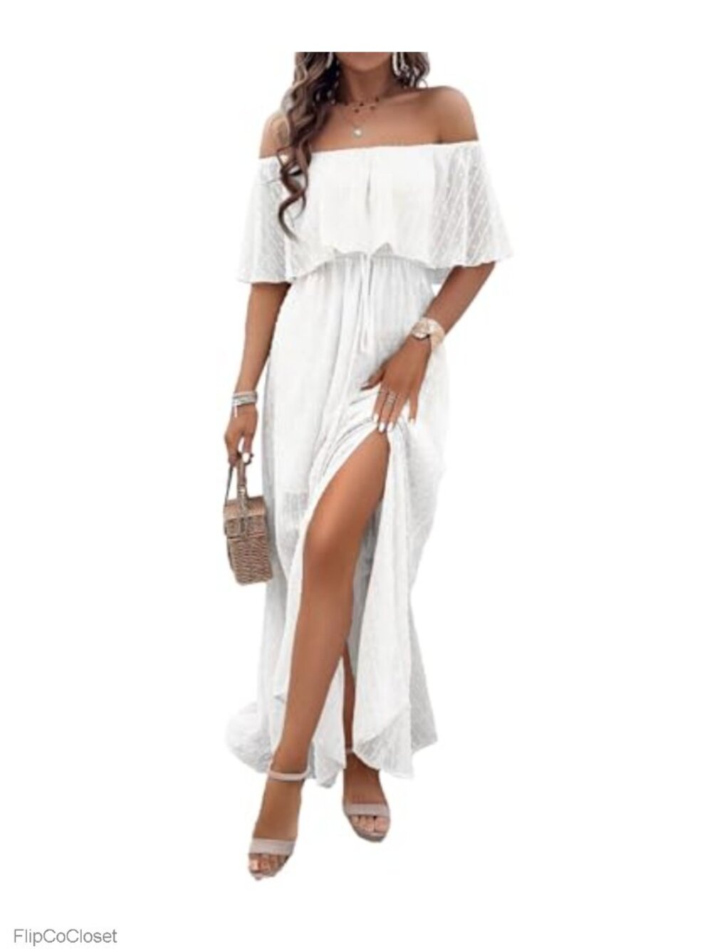 Off Shoulder Swiss Dot Ruffle Side Slit Maxi Dress
